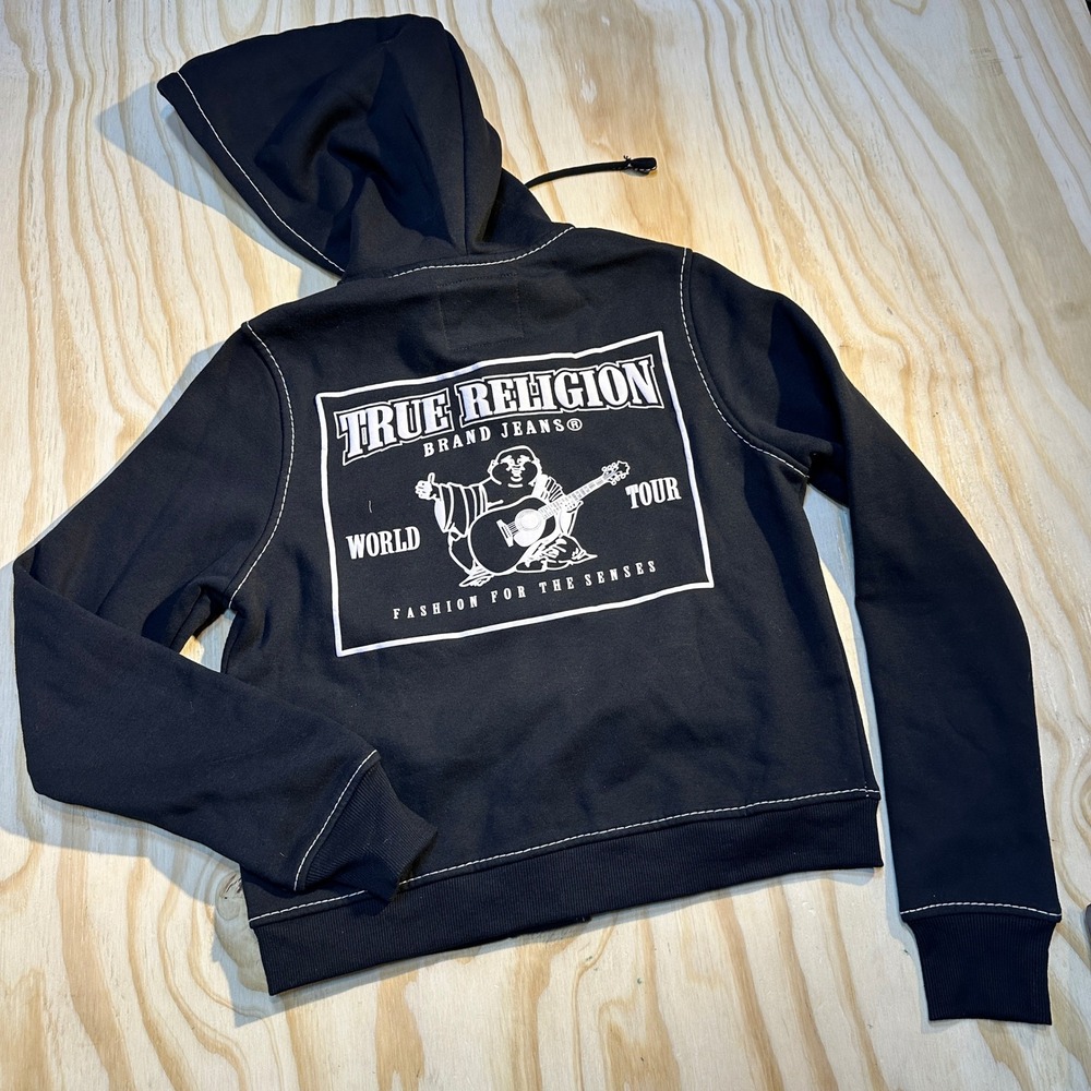 True Religion Mens Big T Classic Zip Hoodie Jet Black Medium NWT